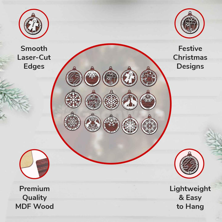 Set of 15 Premium Wooden Christmas Hanging Ornaments – Set of Decorative Xmas Tree Baubles with Laser Cut Designs | Reusable Festive Hanging Décor for Home, Office, Party (White)