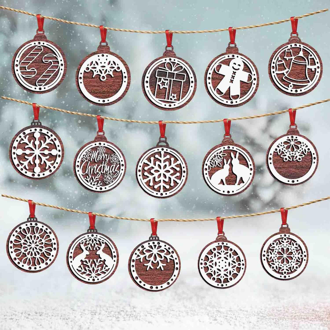 Set of 15 Premium Wooden Christmas Hanging Ornaments – Set of Decorative Xmas Tree Baubles with Laser Cut Designs | Reusable Festive Hanging Décor for Home, Office, Party (White)