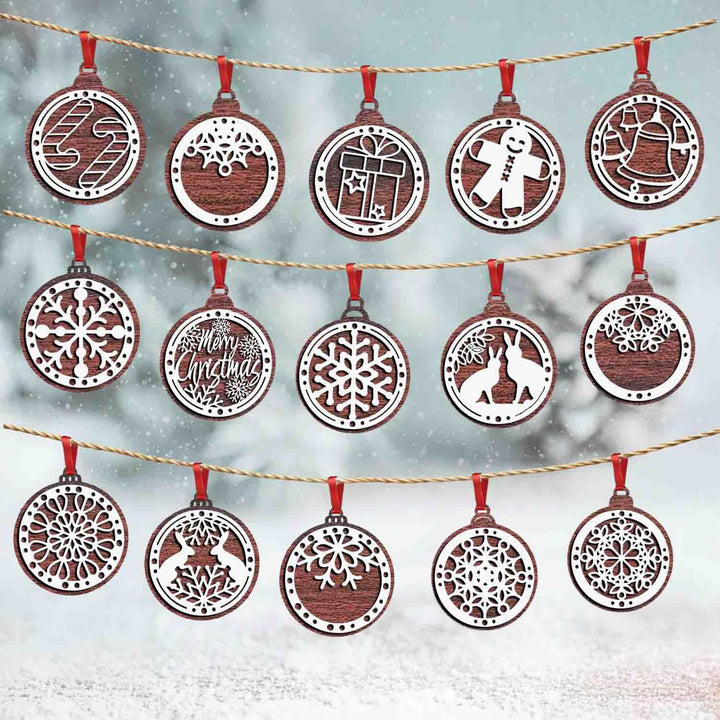 Set of 15 Premium Wooden Christmas Hanging Ornaments – Set of Decorative Xmas Tree Baubles with Laser Cut Designs | Reusable Festive Hanging Décor for Home, Office, Party (White)