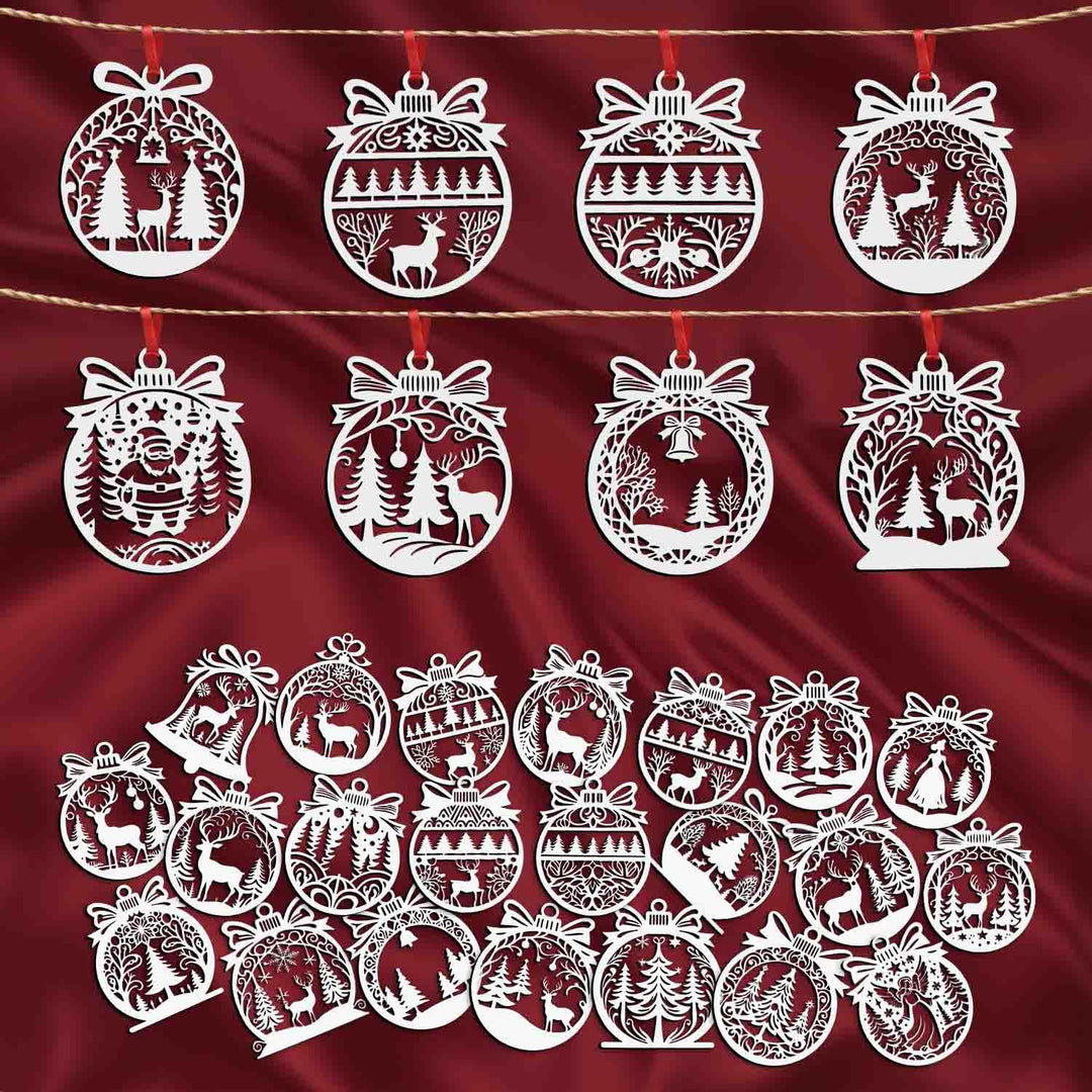 30 Pcs Wooden Christmas Hanging – Santa, Reindeer, Tree &amp; Snowflake Cutouts for Christmas Tree, Door &amp; Home Décor &amp; Gift Items – Xmas Decoration Items &amp; Craft Hangings for Home &amp; Office (White)