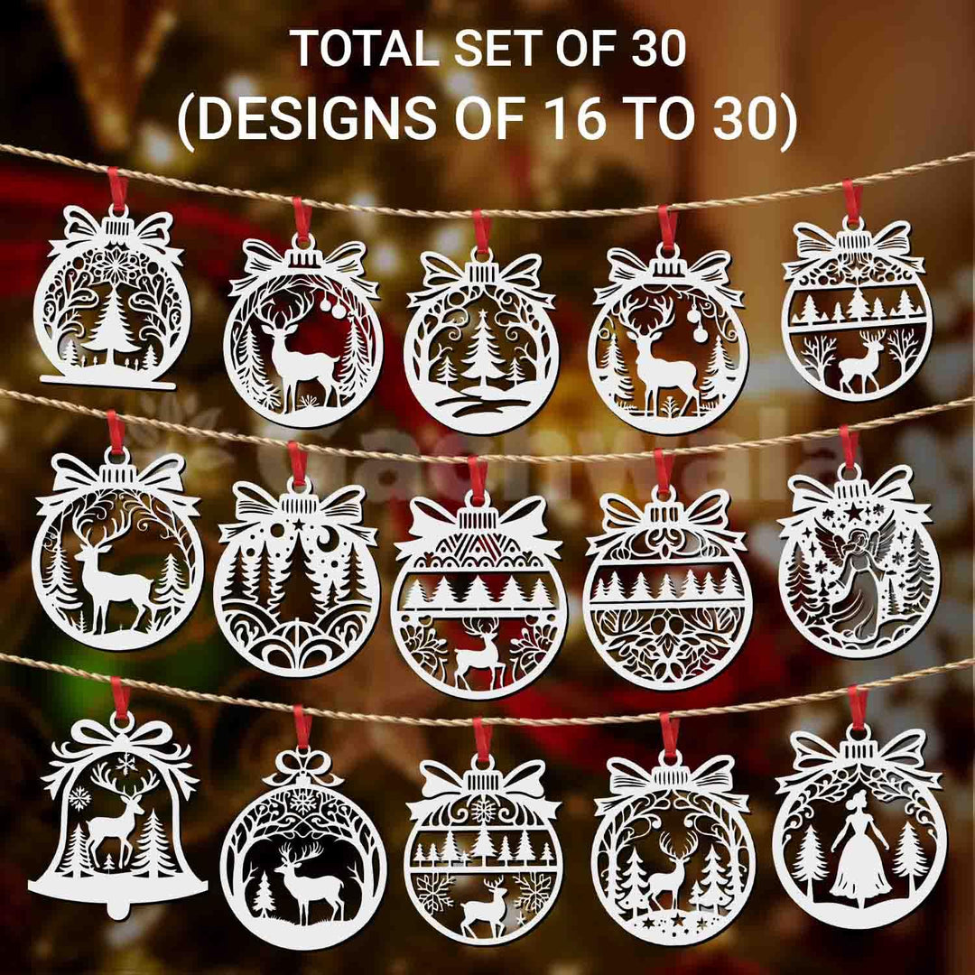 30 Pcs Wooden Christmas Hanging – Santa, Reindeer, Tree &amp; Snowflake Cutouts for Christmas Tree, Door &amp; Home Décor &amp; Gift Items – Xmas Decoration Items &amp; Craft Hangings for Home &amp; Office (White)