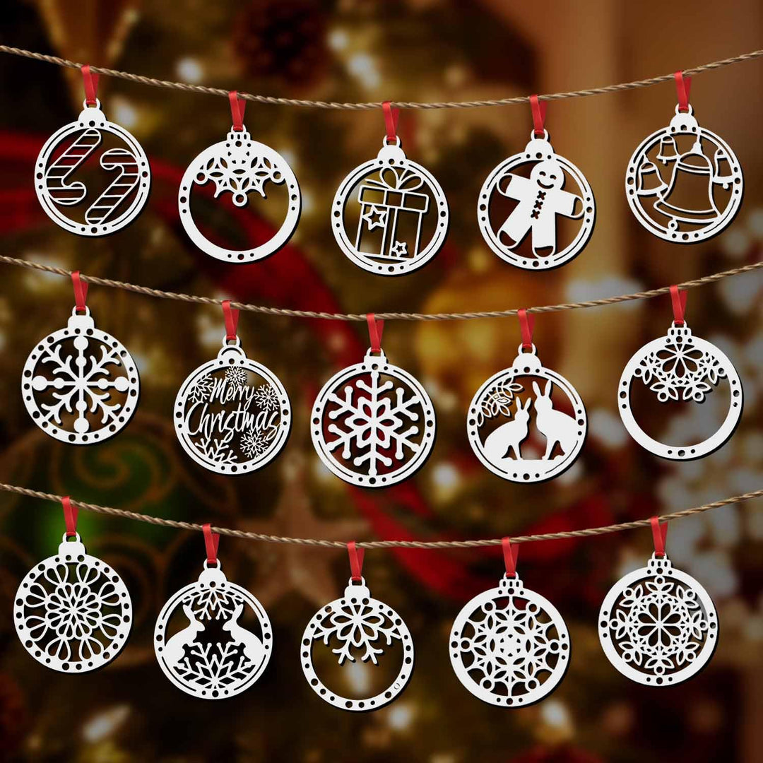 Set of 15 White Wooden Christmas Décor Pieces (Without Base) | Snowflake, Gingerbread, Bell, Candy Cane &amp; Christmas Charm Ornaments | Handcrafted Hanging &amp; Tree Decoration for Home &amp; Church (White)