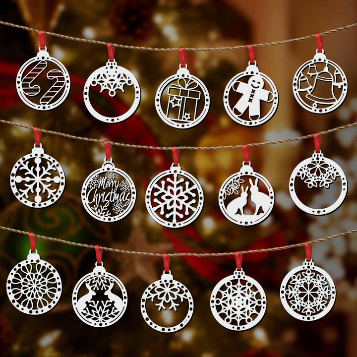 Set of 15 White Wooden Christmas Décor Pieces (Without Base) | Snowflake, Gingerbread, Bell, Candy Cane &amp; Christmas Charm Ornaments | Handcrafted Hanging &amp; Tree Decoration for Home &amp; Church (White)