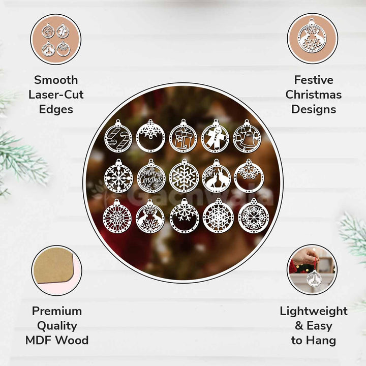 Set of 15 White Wooden Christmas Décor Pieces (Without Base) | Snowflake, Gingerbread, Bell, Candy Cane &amp; Christmas Charm Ornaments | Handcrafted Hanging &amp; Tree Decoration for Home &amp; Church (White)