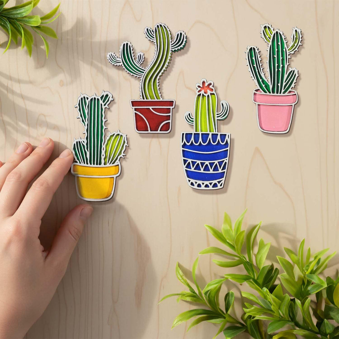 3D Wooden Colorful Cactus Sticky Wall Decor Pack of 4 | Handcrafted Decorative Plant Shape Wall Pieces for Living Room, Bedroom, Dining Room &amp; Office | Desert-Themed Botanical Home Decoration Set