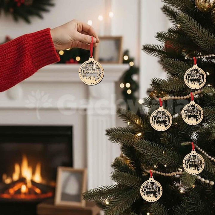 Merry Christmas Wooden Hanging Ornaments – Set of 15 | Laser Cut Xmas Bauble Decorations with Church &amp; Snowflake Design | Wooden Christmas Tree Hanging Décor for Home, Party &amp; Festive Decoration