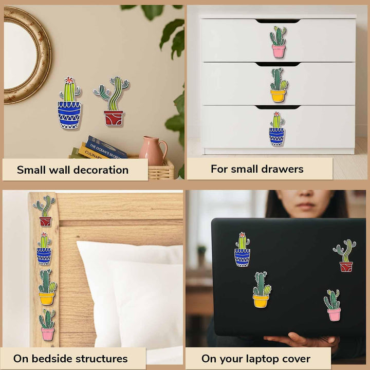 3D Wooden Colorful Cactus Sticky Wall Decor Pack of 4 | Handcrafted Decorative Plant Shape Wall Pieces for Living Room, Bedroom, Dining Room &amp; Office | Desert-Themed Botanical Home Decoration Set