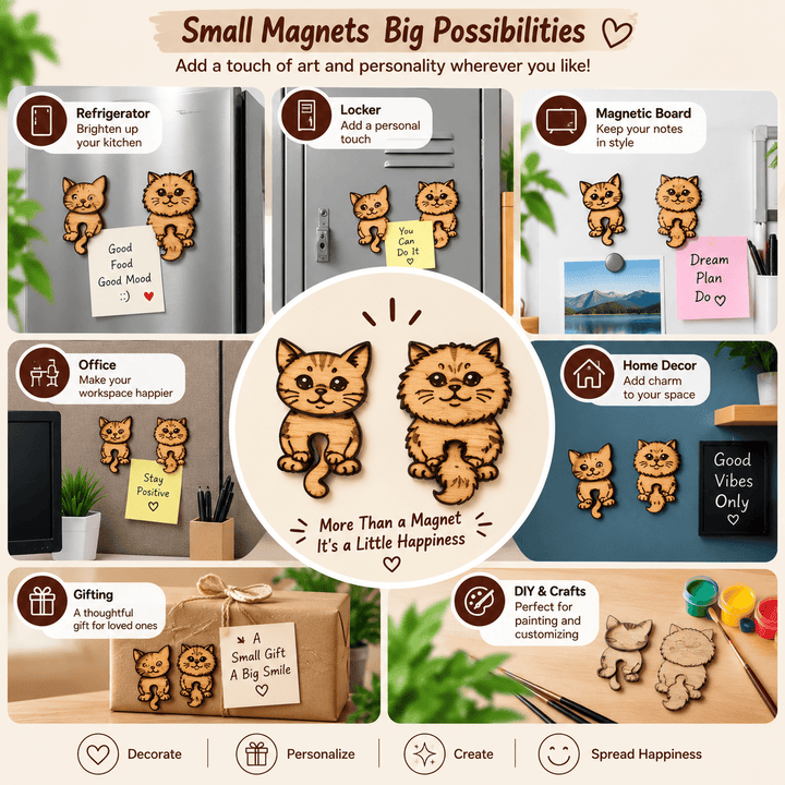 Cat Fridge Magnets, Pack of 2 | Wooden MDF Cat Magnets for Refrigerator, Magnetic Whiteboard, Office Cabinet &amp; Locker | Laser-Cut Cat Decor &amp; Note Holder | Home &amp; Gifting