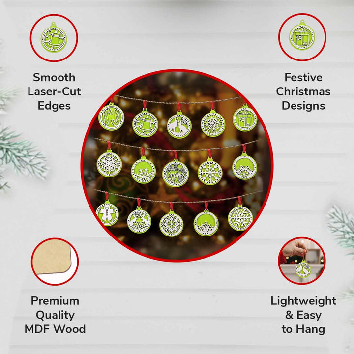 Set of 15 Handicraft Wooden Christmas Decor (Green) | Snowflake, Gingerbread, Bell, Star &amp; Reindeer Ornaments | Festive Hanging &amp; Tree Decoration for Church &amp; Home Décor