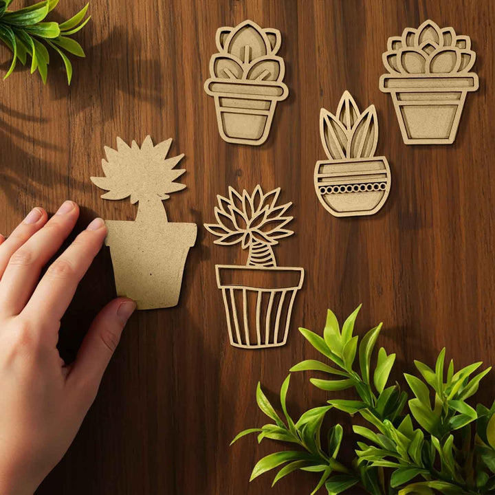 3D Wooden Succulent Shape Sticky Wall Decor Pack of 4 | Handcrafted Decorative Pieces for Living Room, Bedroom, Dining Room, Drawing Room &amp; Office | Modern Botanical Home Decoration Set
