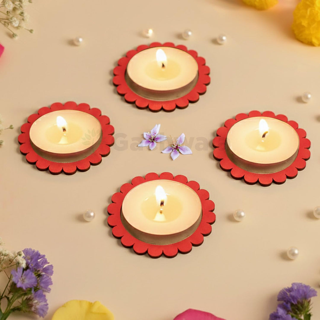 Wooden Floral Tea Light Candle Holders &amp; Decorative Diya Stands – Set of 10 | Premium Wooden Tealight Holders for Diwali, Christmas, Puja, Home &amp; Party Decoration
