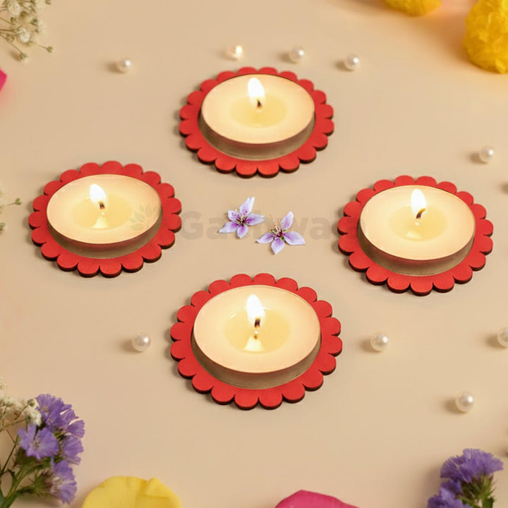 Wooden Floral Tea Light Candle Holders &amp; Decorative Diya Stands – Set of 10 | Premium Wooden Tealight Holders for Diwali, Christmas, Puja, Home &amp; Party Decoration
